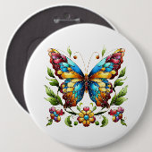 Buntes Glasschmetterling mit Blume Button (Vorne & Hinten)
