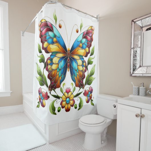 Buntes Glasschmetterling mit Blume Duschvorhang (Beispiel)