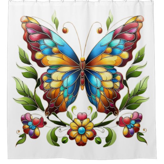 Buntes Glasschmetterling mit Blume Duschvorhang (Vorderseite)