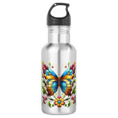 Buntes Glasschmetterling mit Blume Edelstahlflasche (Vorderseite)