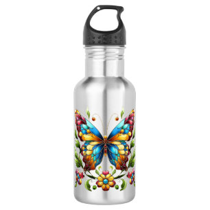 Buntes Glasschmetterling mit Blume Edelstahlflasche
