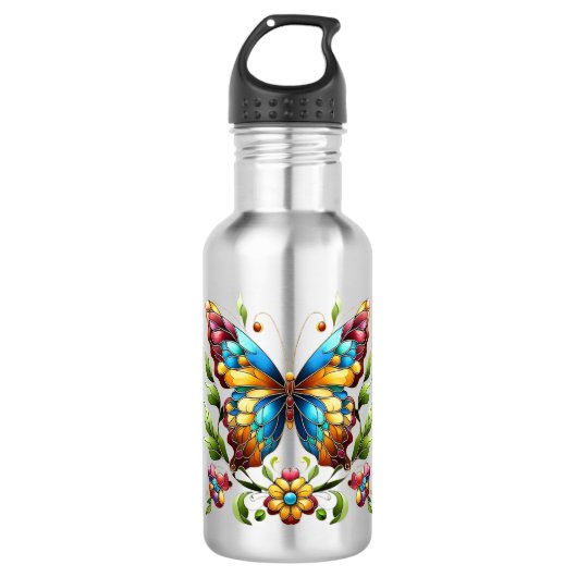 Buntes Glasschmetterling mit Blume Edelstahlflasche (Vorderseite)