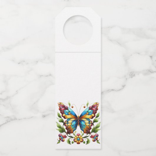 Buntes Glasschmetterling mit Blume Flaschenanhänger (Vorderseite)
