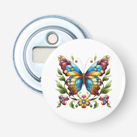 Buntes Glasschmetterling mit Blume Flaschenöffner (Vorderseite)