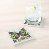 Buntes Glasschmetterling mit Blume Glasuntersetzer (Schrägansicht)