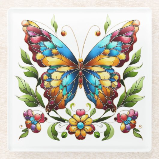 Buntes Glasschmetterling mit Blume Glasuntersetzer (Vorderseite)