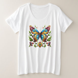 Buntes Glasschmetterling mit Blume Große Größe T-Shirt