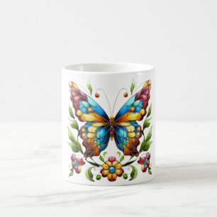 Buntes Glasschmetterling mit Blume Kaffeetasse