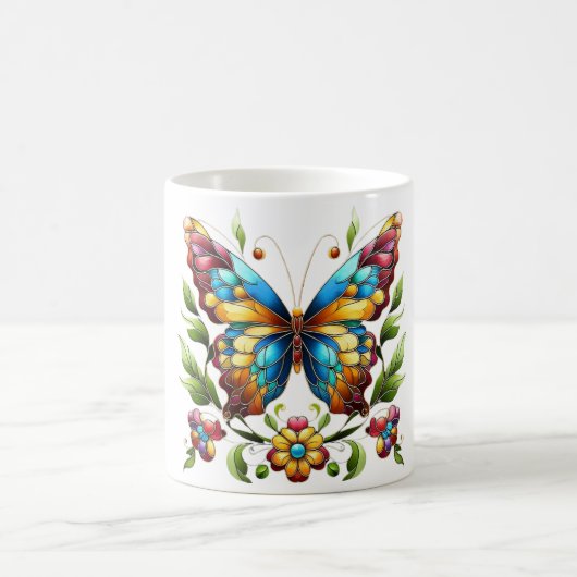 Buntes Glasschmetterling mit Blume Kaffeetasse (Mittel)