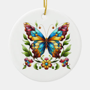 Buntes Glasschmetterling mit Blume Keramik Ornament