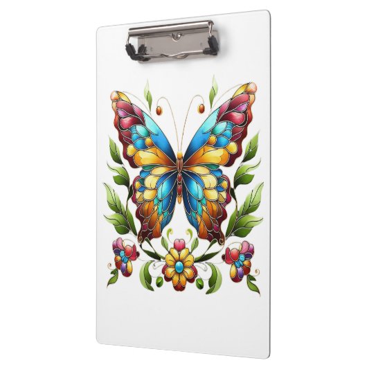 Buntes Glasschmetterling mit Blume Klemmbrett (Links)