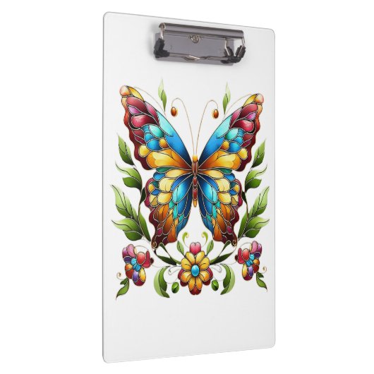 Buntes Glasschmetterling mit Blume Klemmbrett (Rechts)