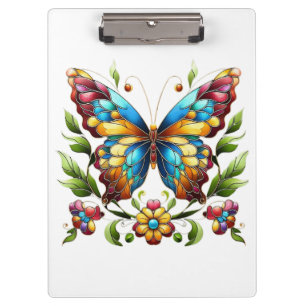 Buntes Glasschmetterling mit Blume Klemmbrett