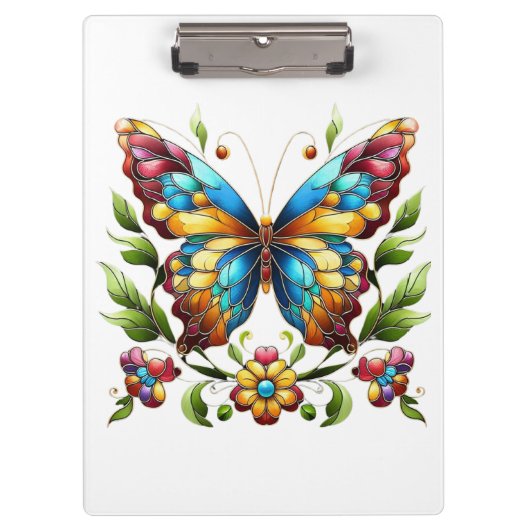 Buntes Glasschmetterling mit Blume Klemmbrett (Vorderseite)