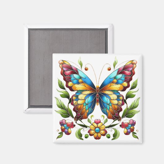 Buntes Glasschmetterling mit Blume Magnet (Vorderseite/Rückseite)
