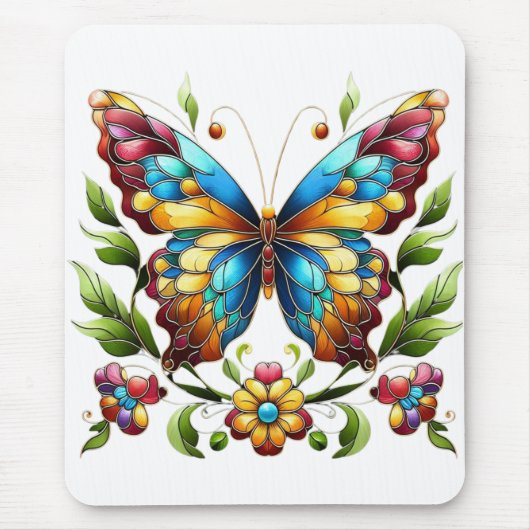 Buntes Glasschmetterling mit Blume Mousepad (Vorne)