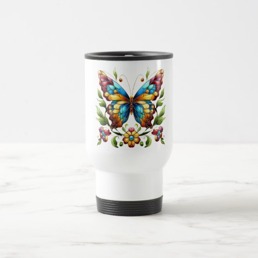 Buntes Glasschmetterling mit Blume Reisebecher (Mittel)
