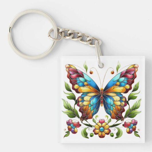 Buntes Glasschmetterling mit Blume Schlüsselanhänger (Vorderseite)