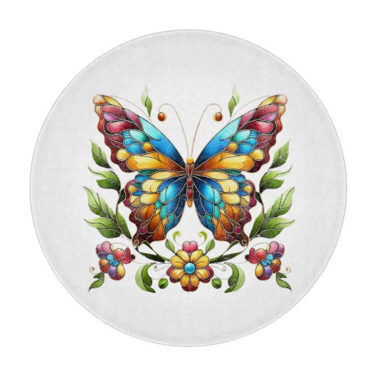 Buntes Glasschmetterling mit Blume Schneidebrett (Vorderseite)