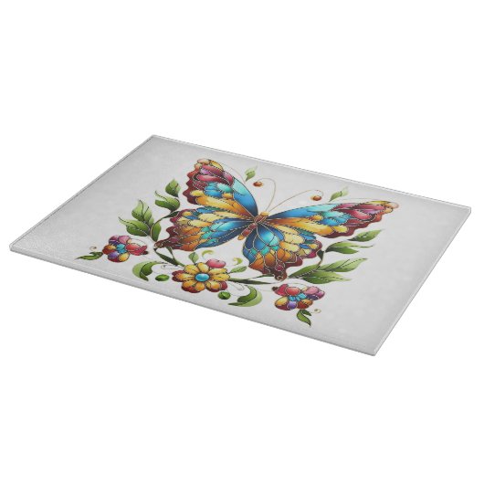 Buntes Glasschmetterling mit Blume Schneidebrett (Ecke)