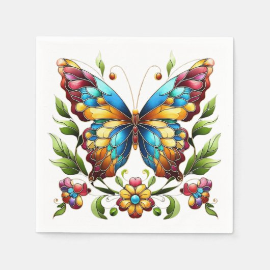 Buntes Glasschmetterling mit Blume Serviette (Vorderseite)