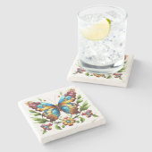 Buntes Glasschmetterling mit Blume Steinuntersetzer (Seitenansicht)