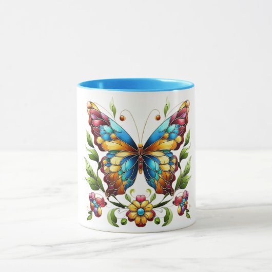 Buntes Glasschmetterling mit Blume Tasse (Zentrum)