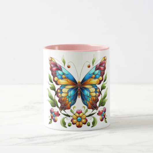 Buntes Glasschmetterling mit Blume Tasse (Zentrum)