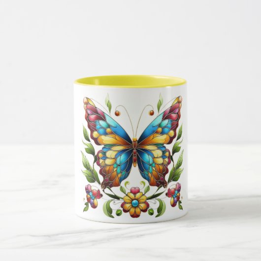 Buntes Glasschmetterling mit Blume Tasse (Zentrum)