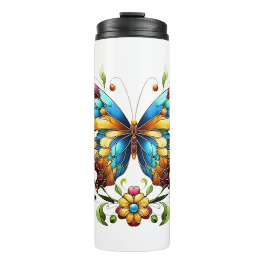 Buntes Glasschmetterling mit Blume Thermosbecher (Vorderseite)