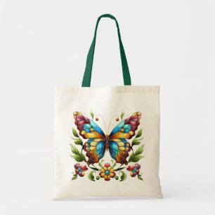 Buntes Glasschmetterling mit Blume Tragetasche