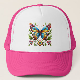 Buntes Glasschmetterling mit Blume Truckerkappe