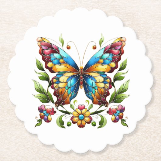 Buntes Glasschmetterling mit Blume Untersetzer (Vorderseite)