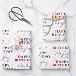 Buntes Glück zum Geburtstag Individuelle Name Conf Geschenkpapier Set