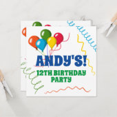 Buntes Glück zum Geburtstag mit Balloons Einladung (Vorderseite/Rückseite Beispiel)