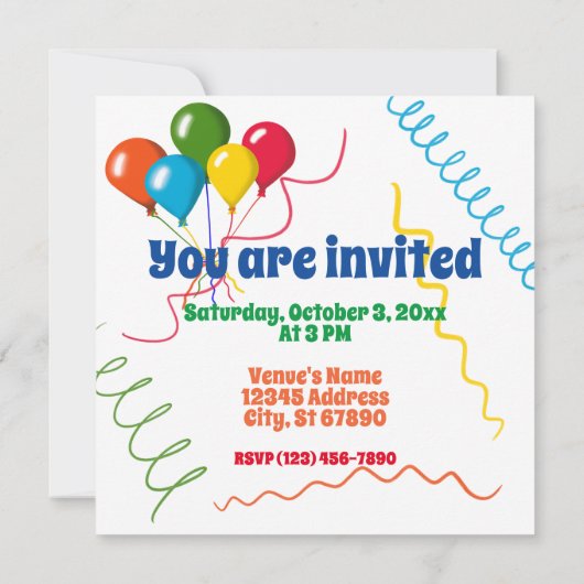 Buntes Glück zum Geburtstag mit Balloons Einladung (Rückseite)