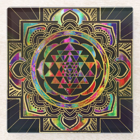 Buntes Gold gerahmtes Sri Yantra Sri Chakra Glasuntersetzer (Vorderseite)