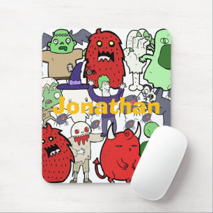 Buntes, gruseliges Cartoon-Monogramm in Rot und Gr Mousepad