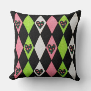 Buntes Harlekin-Druckmuster mit Rosenherzen Kissen