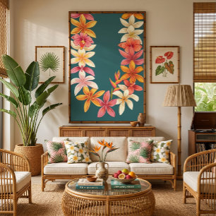 Buntes hawaiianisches Lei auf türkisfarbener Kunst Leinwanddruck