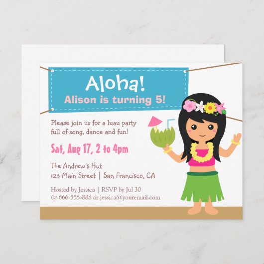 Buntes hawaiisches Themed Hula Mädchen Luau Party Einladung (Vorne/Hinten)