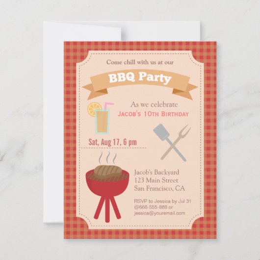 Buntes Hinterhof-Grillen-Party, kariertes Muster Einladung (Vorderseite)