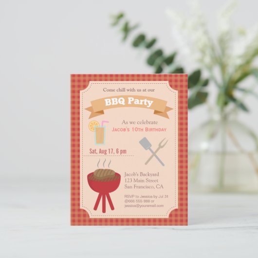 Buntes Hinterhof-Grillen-Party, kariertes Muster Einladung (Stehend Vorderseite)