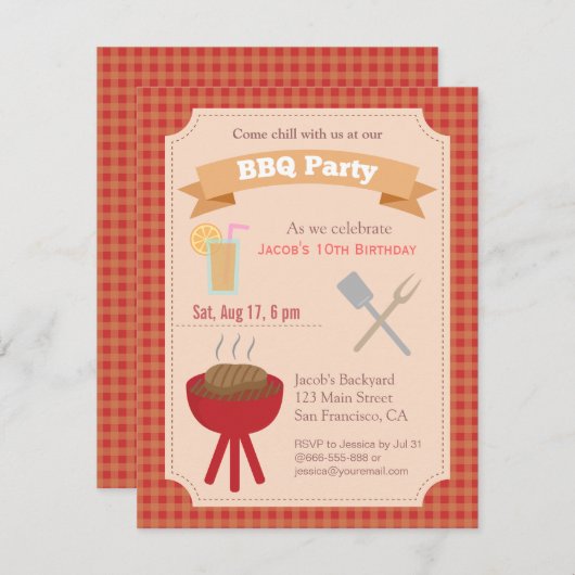 Buntes Hinterhof-Grillen-Party, kariertes Muster Einladung (Vorne/Hinten)