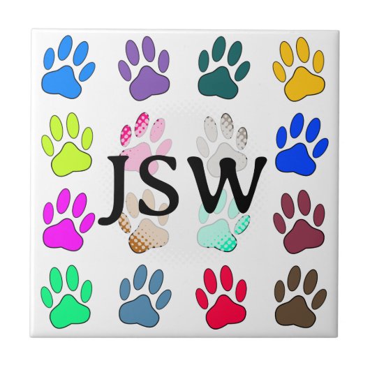 Buntes Hundpaw-Abdruck-Muster Quadratische Initial Fliese (Vorderseite)