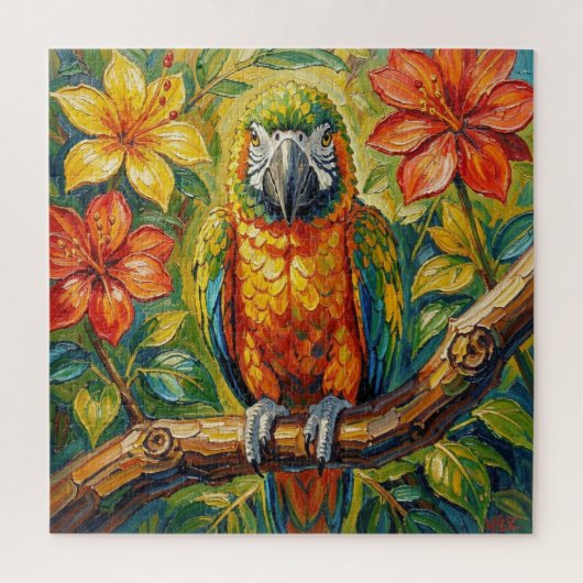 Buntes Impasto-Papagei und tropische Blume Puzzle (Vertikal)