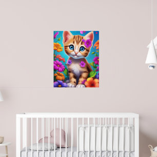 Buntes Kätzchen und Blumen Kinderwandposter Poster
