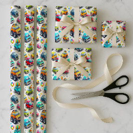 Buntes Kinder-Geschenkpapier mit Cartoon-Autos - B Geschenkpapier Set