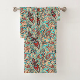 buntes Landpaisley-Fliesen-Muster Badhandtuch Set