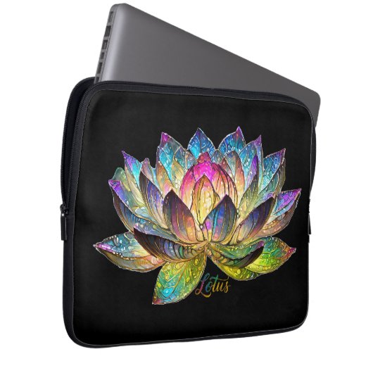 Buntes Lotusblumen-Buntglas auf schwarzem Grund Laptopschutzhülle (Vorne Rechts)